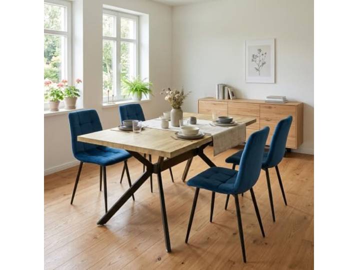 LEWE esstisch Holz mit 4 Dunkelblau Holländischer Samt stühlen Set Helle Rechteckig Tischplatte 140 x 80 cm, Stuhl-und Tischbeine aus Metall, ergonomisch, geeignet für Küche Wohnzimmer