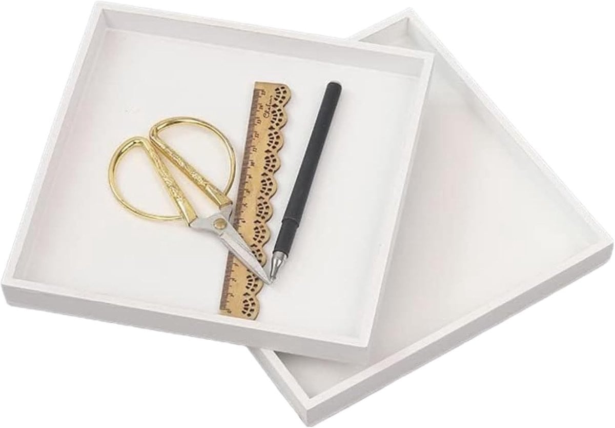 Decoratieve Houten Tray - Vierkante Opberg Organizer voor Sieraden, Eten en Cosmetica - Wit