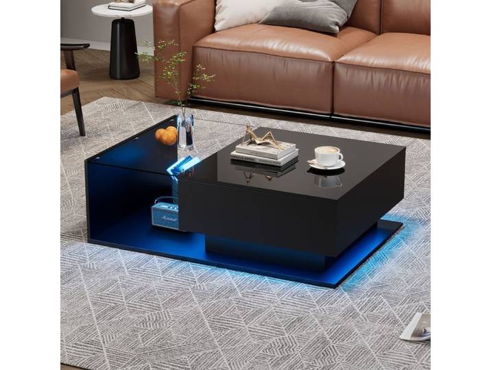Table basse - SOGEU - 100x50x32 cm - Plateau verre trempé - Tiroir intégré - LED Bluetooth programmable