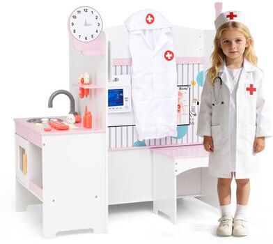 Costway Kids Doctor Play Set with Adjustable Height Bar-Pink