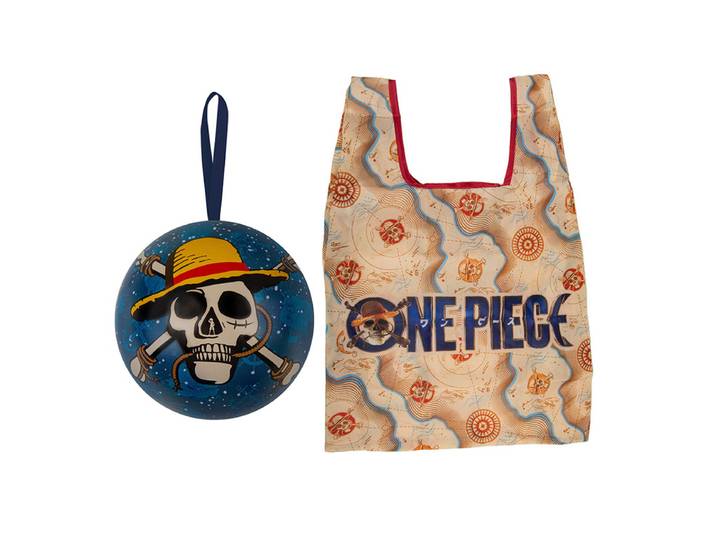 One Piece Sac de Courses Écologique Réutilisable avec Boule de Noël Sphère en Métal Emballage Cadeau Grand Bateau D Luffy Imprimé Carte Tête de Mort Grand Format Sac de Courses Pliable Capacité Élevée Décoration de Fêtes Noël