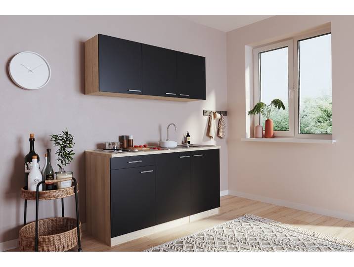 Küche Miniküche Single Eiche Schwarz ohne Kühlschrank Luis 150 cm, ohne Mikrowelle Respekta