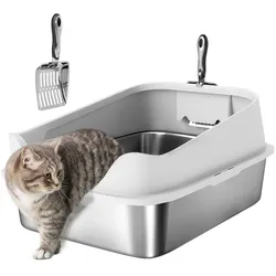 PawHut Katzentoilette Edelstahl Offene Katzenklo Katzentoilette mit Schaufel hohem Rand