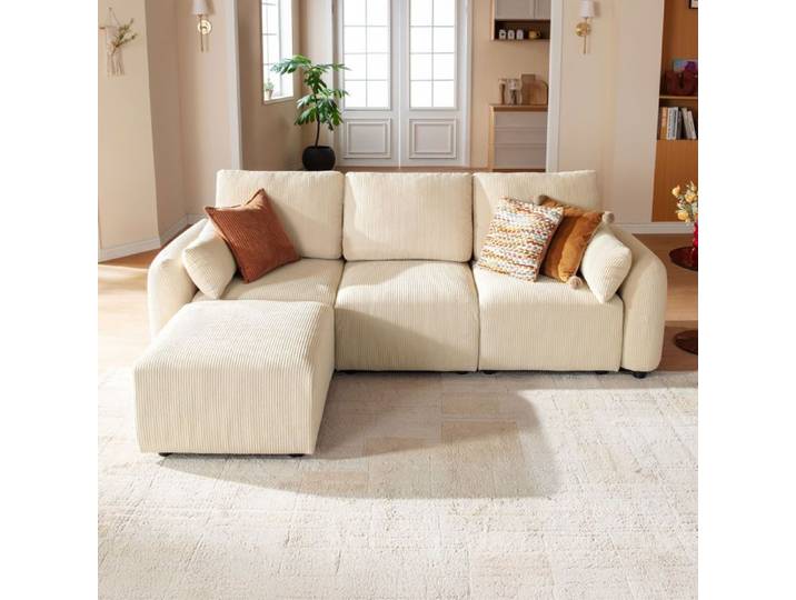JINOVIA Canapé d'angle modulable 3 places avec ottoman en velours côtelé – Beige