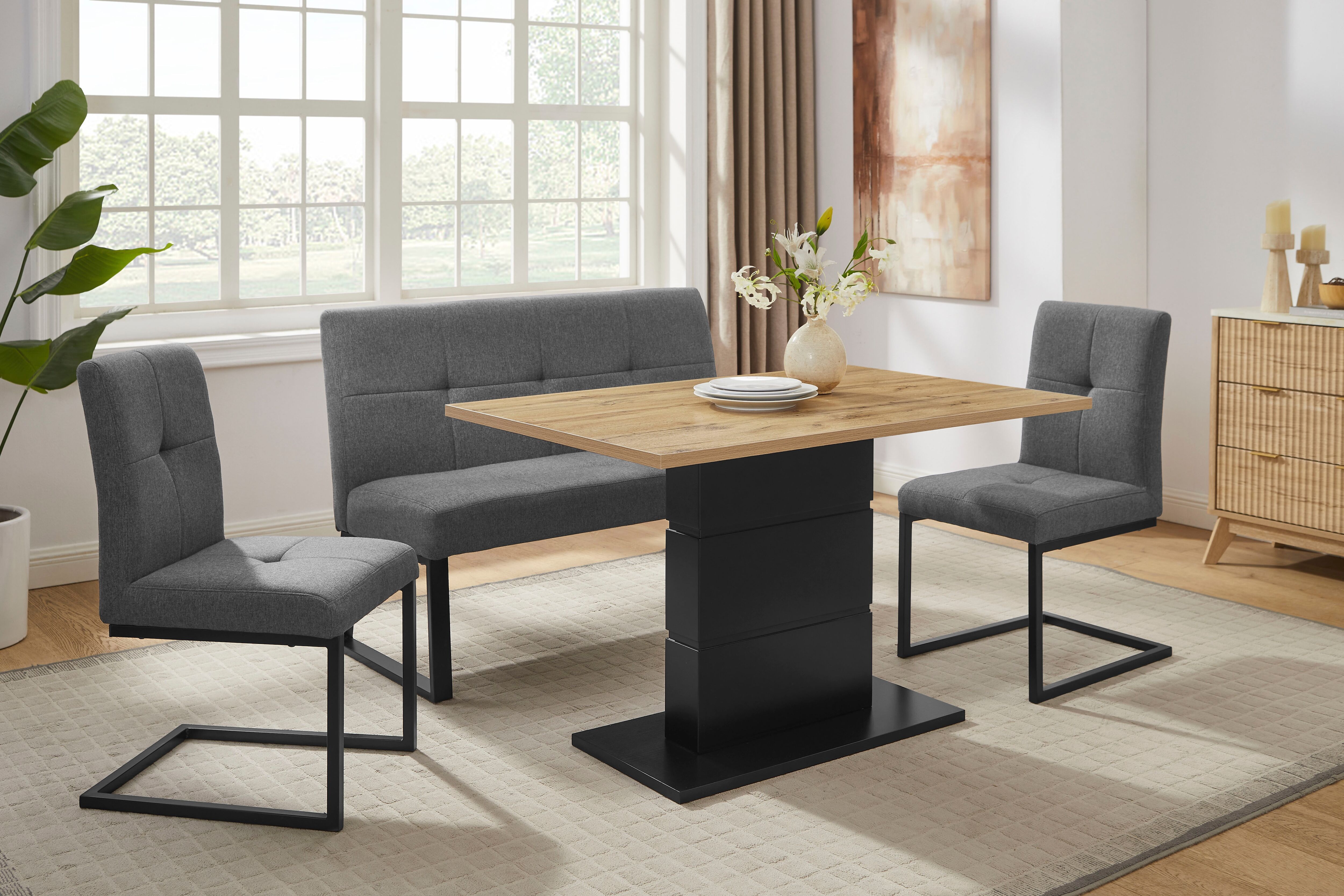 Essgruppe GOODPRODUCT "Geranie", naturfarben, schwarz, anthrazit, schwarz, Struktur (100% Polyester), Sitzmöbel-Sets, Essgruppe, in Eichenoptik mit schwarzem Säulengestell naturfarben, schwarz, anthrazit, schwarz Struktur (100% Polyester)