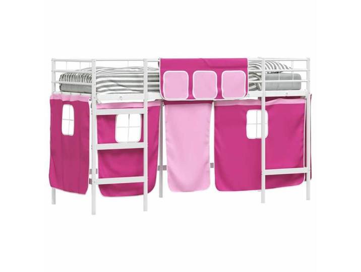 NOUVEAU Lit simple pour dormir - Cadre de lit superposé pour enfants avec rideaux - blanc - et rose - pour chambre 63530