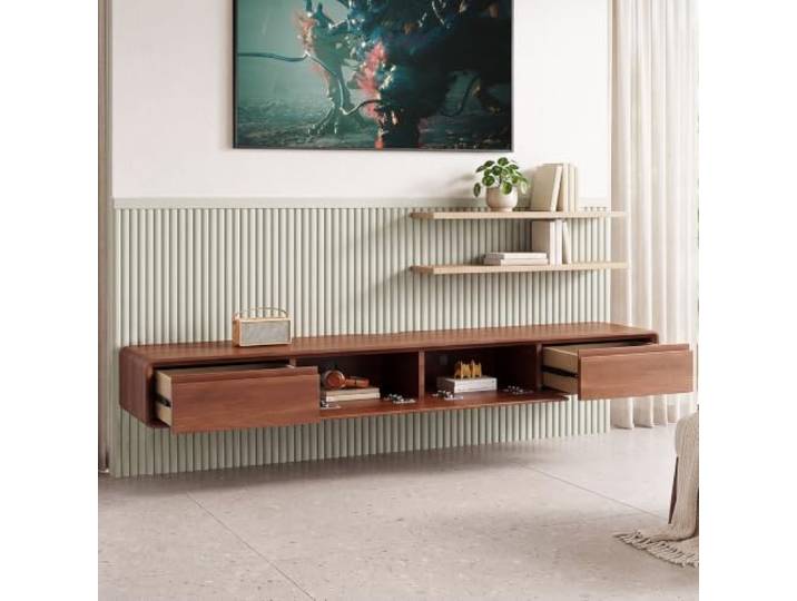NOYHHAV Schwebendes TV Lowboard Wandmontage Modernes TV Möbel mit Schubladen und offenen Fächern Walnuss 120CM