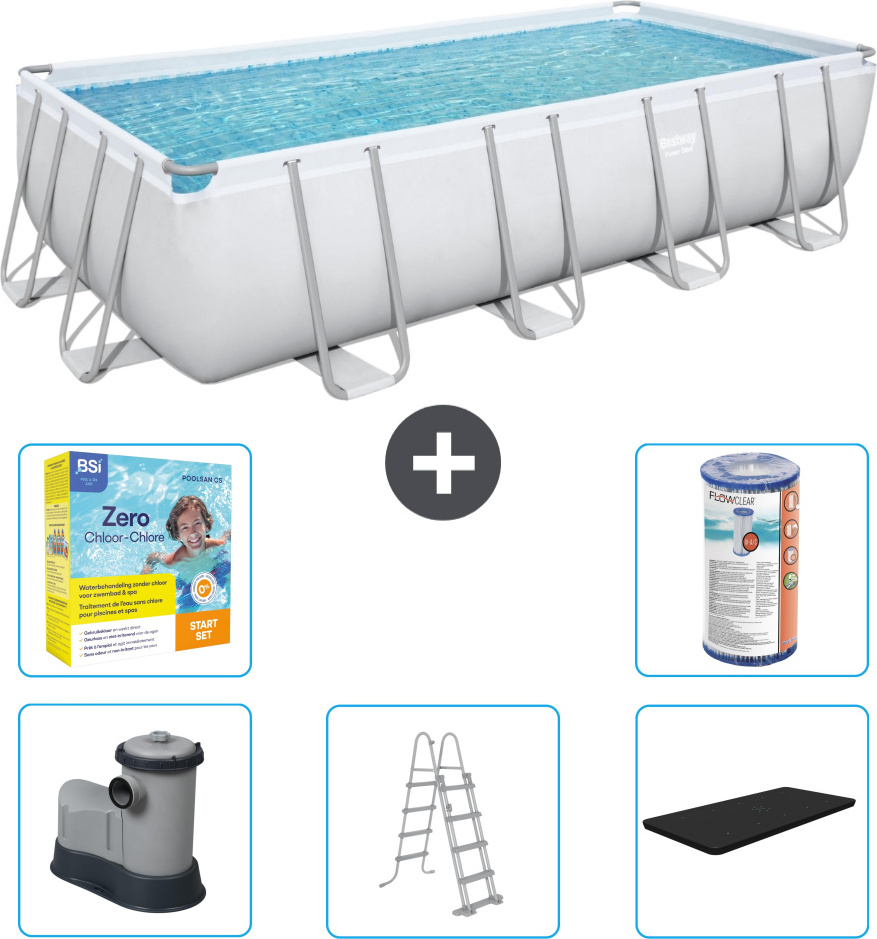 Bestway Rechteckiges Power Steel-Schwimmbecken - 549 x 274 x 122 - Grau - inklusive Pumpe - Leiter - Abdeckung Wartungspaket - Filter