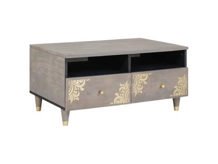 KUTYWEXFM Couchtisch Grau 80x54x40cm Massivholz Mango mit Schubladen Stilvoller Beistelltisch fürs Wohnzimmer aus Mango-Massivholz mit handbemalter Tür, Messingbeinen und viel Stauraum.