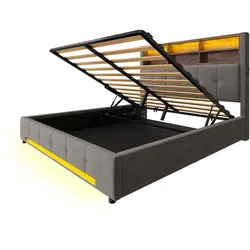MODFU Polsterbett Samt Dunkelgrau 160x200 cm mit hydraulischer Stauraumfunktion, LED-Beleuchtung, USB-C und Kopfteilregal