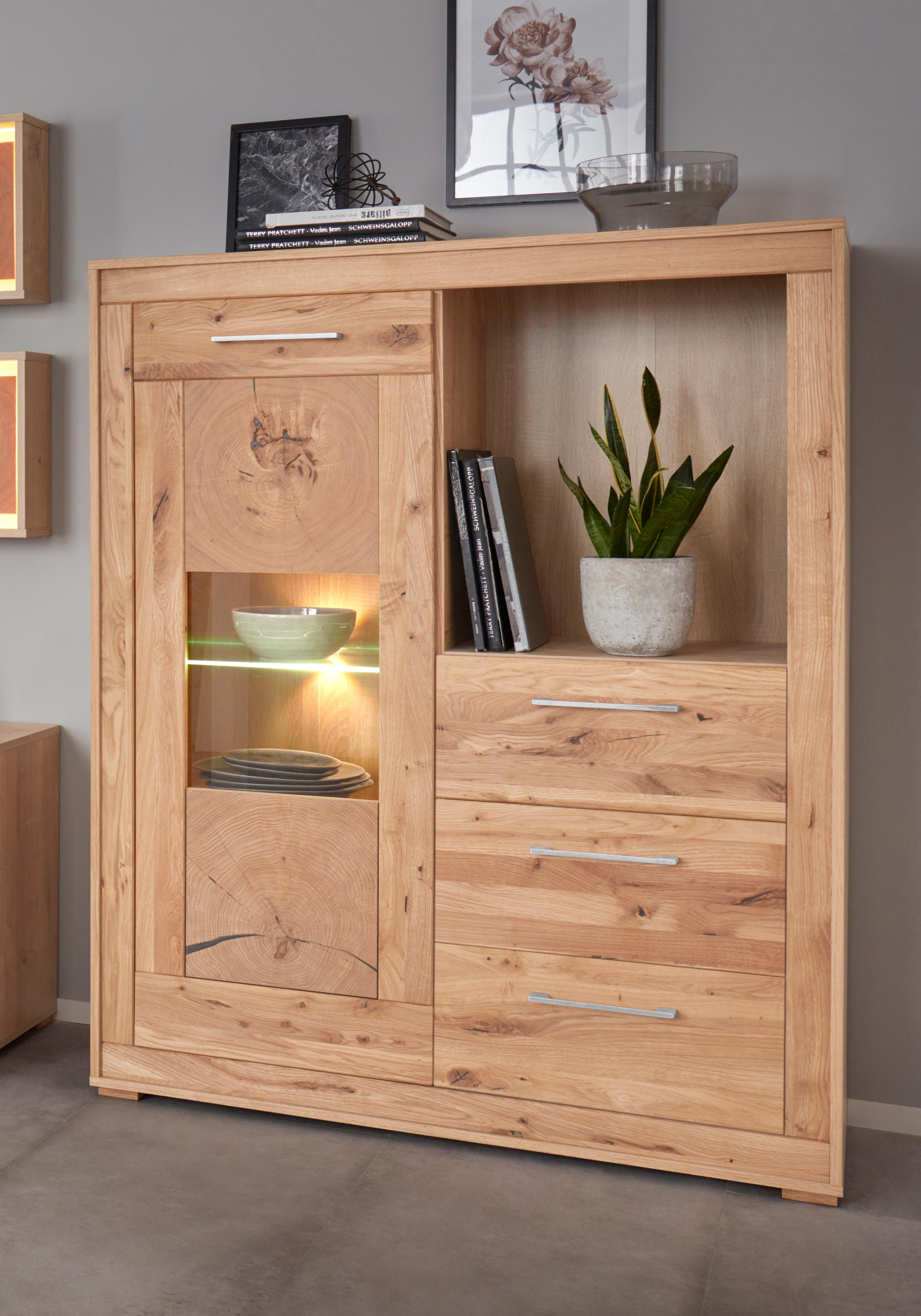 Highboard VOGL MÖBELFABRIK, braun (eichefarben chalet, wildeiche massiv), B:107cm H:135cm T:40cm, Sideboards, Highboard, Breite 107 cm, Teilmassivholz, Made in Germany eichefarben chalet, wildeiche massiv B/H/T: 107cm x 135cm x 40cm