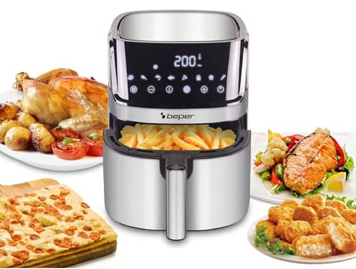 BEPER P101FRI070 Quadratische Heißluftfritteuse, Digitale Fritteuse 7L, Ölfreies Frittieren, Touch-Display, 8 Programme, Einstellbar bis 200°C, Timer 60 Minuten, Automatische Abschaltung, Stahl