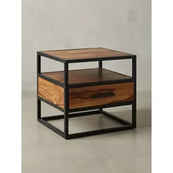 Nachttisch – Massivholz/Metall, 50x45x45 cm, Schublade, Industrial-Stil