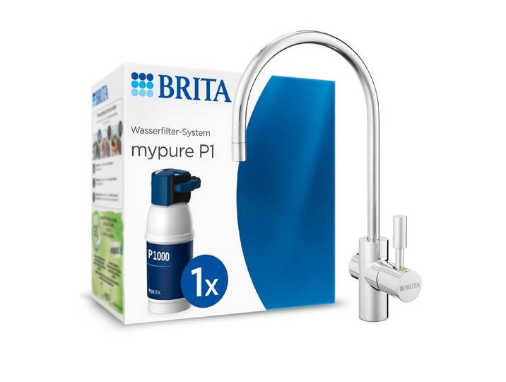 BRITA Küchenarmatur mypure P1 Wasserfilter-System inkl. Wasserhahn, 1x P1000 Filter (Armatur, Kartusche, Filterkopf, Halterung, Schläuche, Adapter, T-Stück) Armatur reduziert Kalk, Metalle, Chlor und geschmacksstörende Stoffe