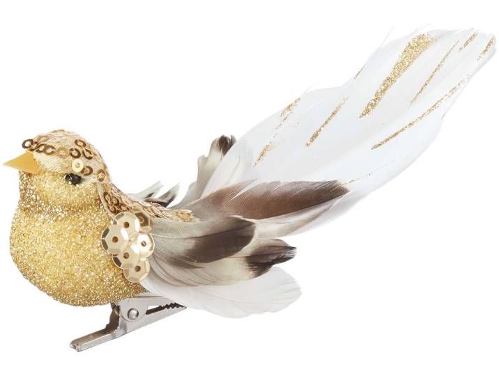 Vogel auf Clip gold mit Feder weiss