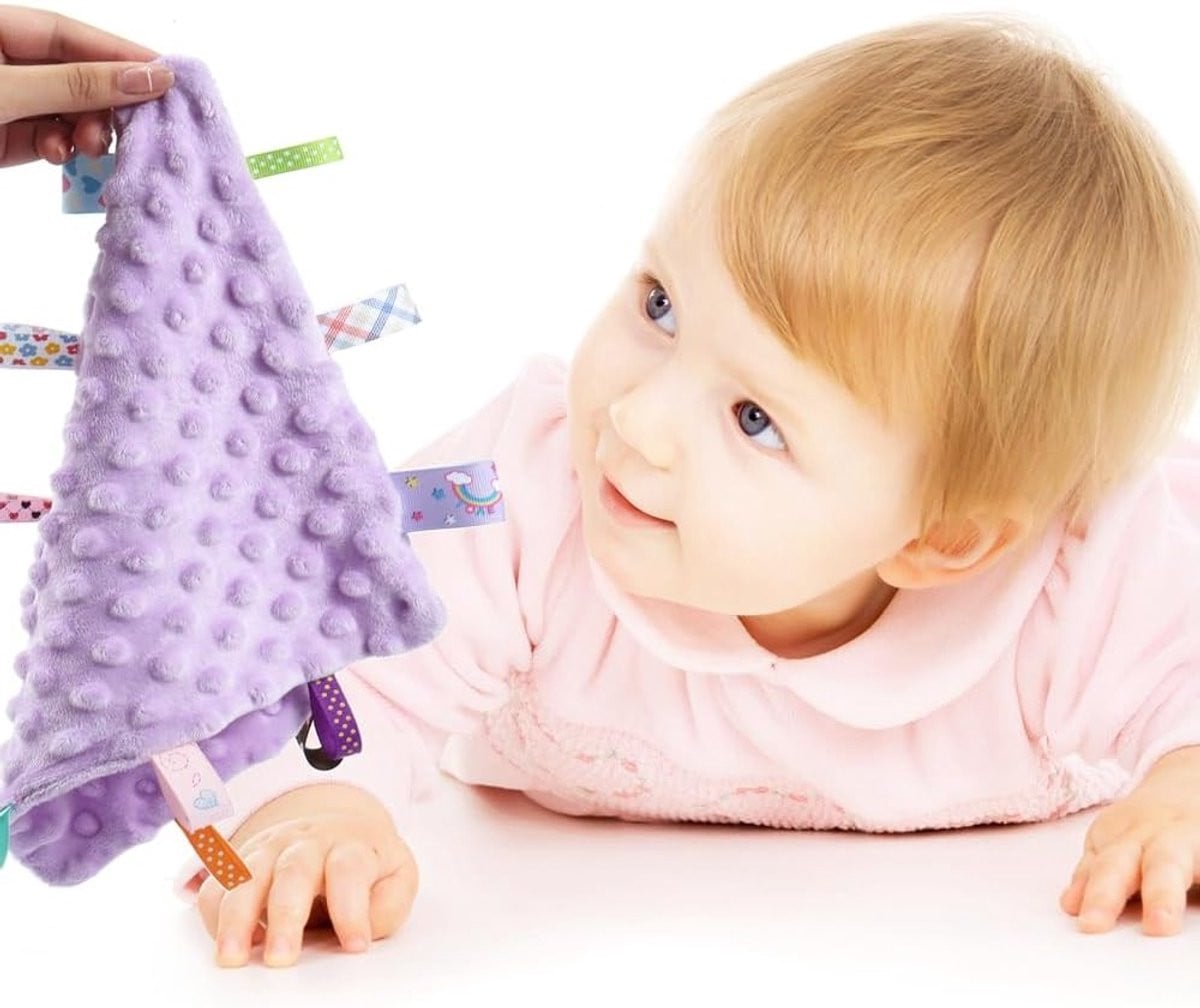Zachte Unisex Baby Veiligheidsdeken Sensory Deken Grijs & Paars, 24,4 x 24,4 cm