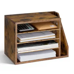 VEVOR Briefablage mit 4 Fächern & Herausnehmbaren Regalböden, Dokumentenablage aus Holz mit Stehsammler, Aktenhalter für Büro Klassenzimmer, Literaturorganizer für Akten Dokumenten Papier, Braun