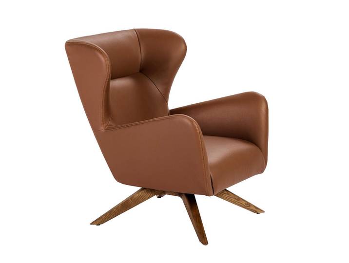Angel Cerda Drehsessel aus braunem Öko-Leder, Braun, Echtholz,Nussbaum, Holz Optik, Füllung: Polyetherschaumkern,Polyetherschaumkern,Polyetherschaumkern, Freiform,Organisch, 86x90x75 cm, Wohnzimmer, Sessel, Polstersessel