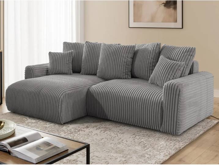S-Style Möbel Calma - Komfortables Ecksofa im Bumpy-Design mit Schlaffunktion und Bettkasten aus weichem Plüschcord - Grau