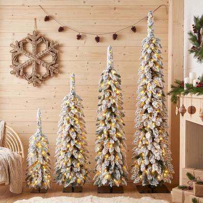 3FT, 4FT, 5FT, 6FT, 4 Pack Pre-Flocked Christmas Trees, Pencil Christmas Tree with Snow Tips, X'Mas Decor for Indoor Home