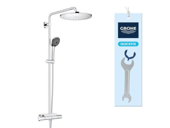 GROHE Colonne de douche avec mitigeur thermostatique Vitalio System 310\, tablette incluse\, tête de douche 310mm\, barre orientable\, douchette Vitalio Joy 310 3 jets\, chromé\, 26401001 (Import Allemagne)