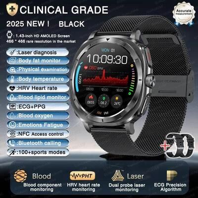Uplifted Finds 2025 Nursing Health Smart Watch   ECG & Uric Acid Body Analysis   Executive Blood Lipid & BP Monitoring Suite black Mesh Belt 2a