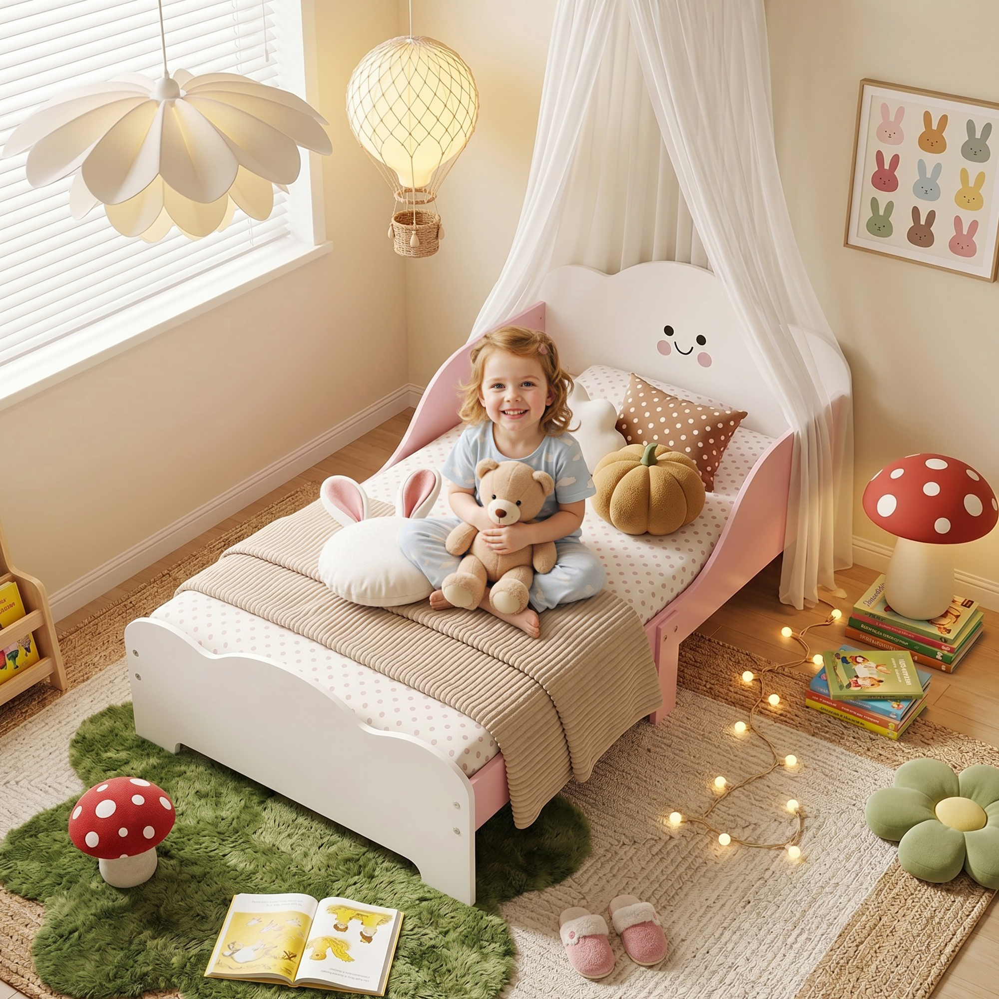 Aiyaplay Letto Montessori per Bambini 3-6 Anni in Legno con Bordi Rialzati e Stampe Carine, per Cameretta, Rosa   Aosom Italy