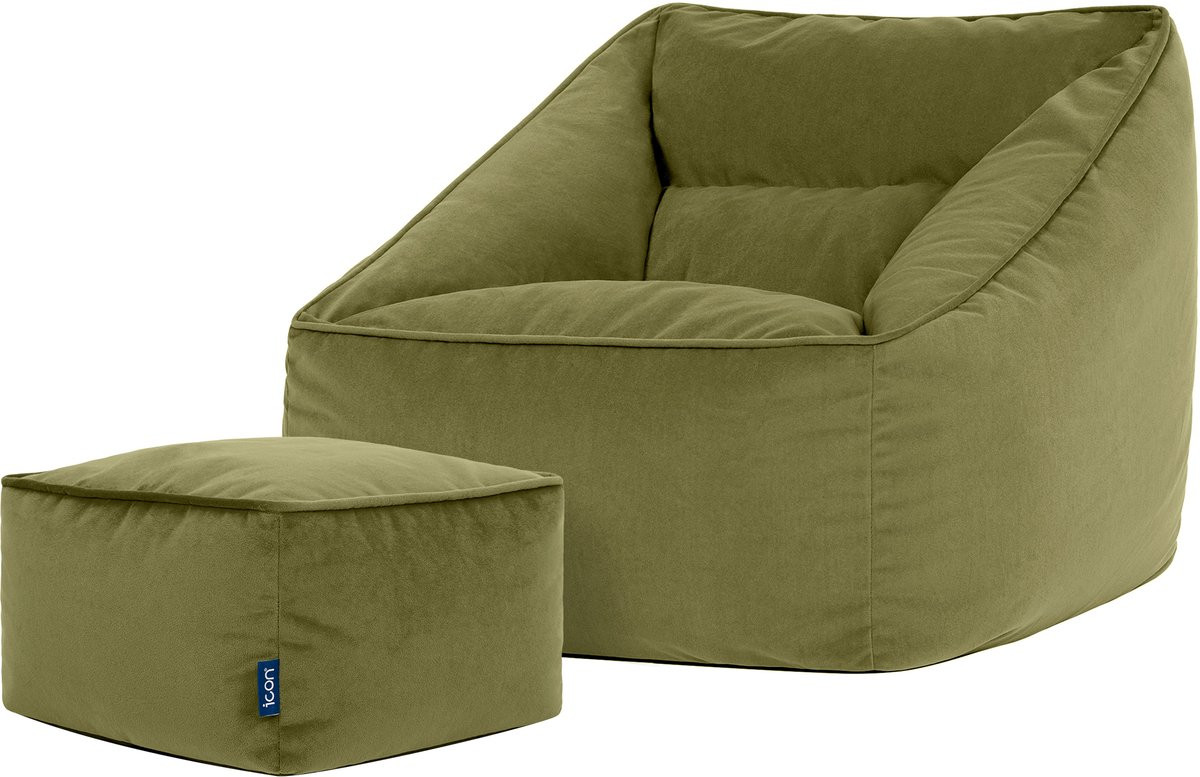 icon Natalia XL Zitzak Fauteuil met Poef - Fluweel - Olijfgroen