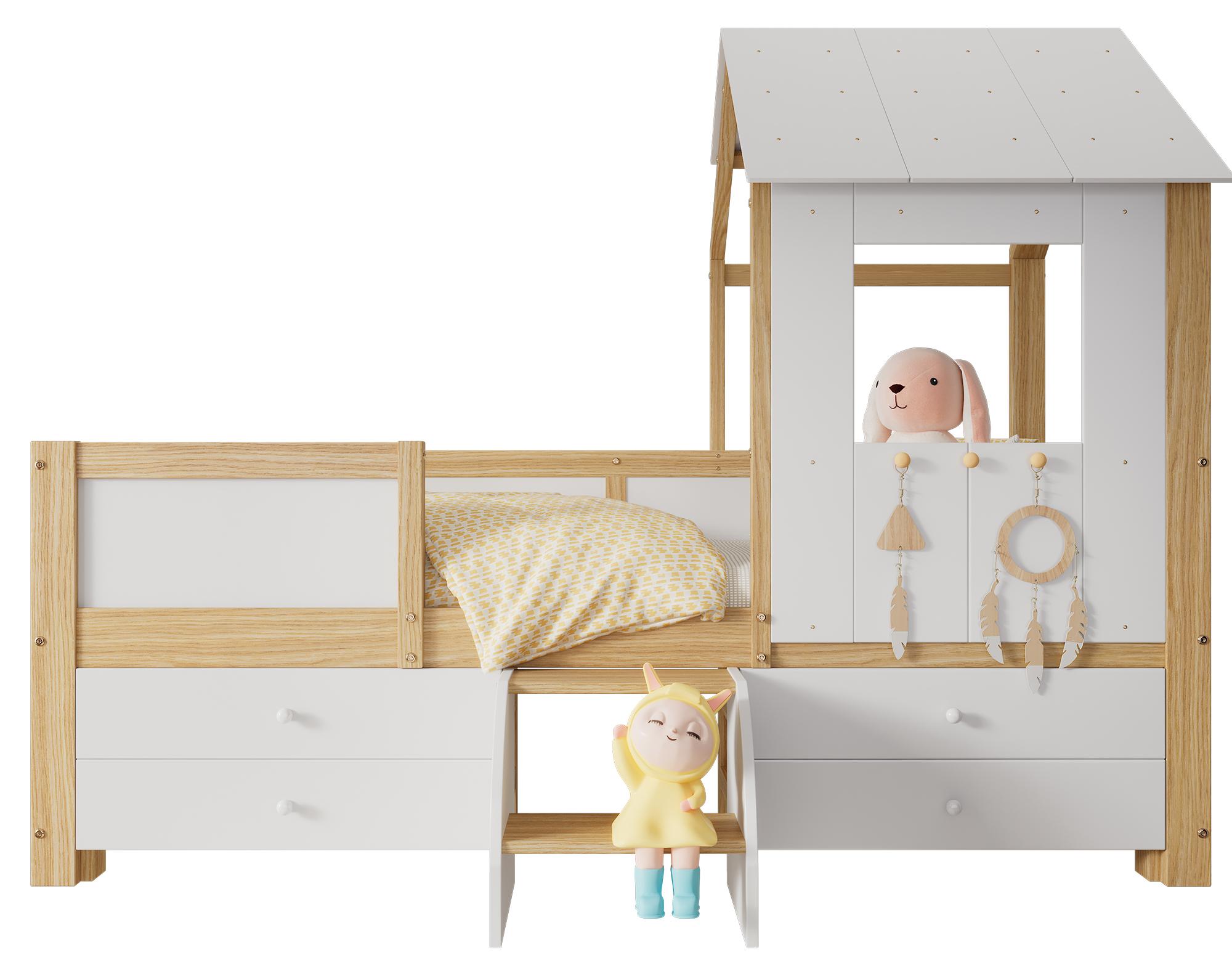 Kinderbett 90x200 cm Weiß/Natur als Hausbett mit Dach, Fenster, 4 Schubladen und Treppe, ohne Matratze