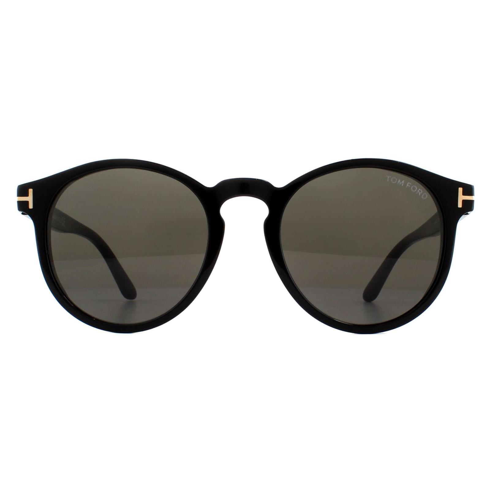 Tom Ford Round unisex glanzende zwarte grijze rook zonnebril