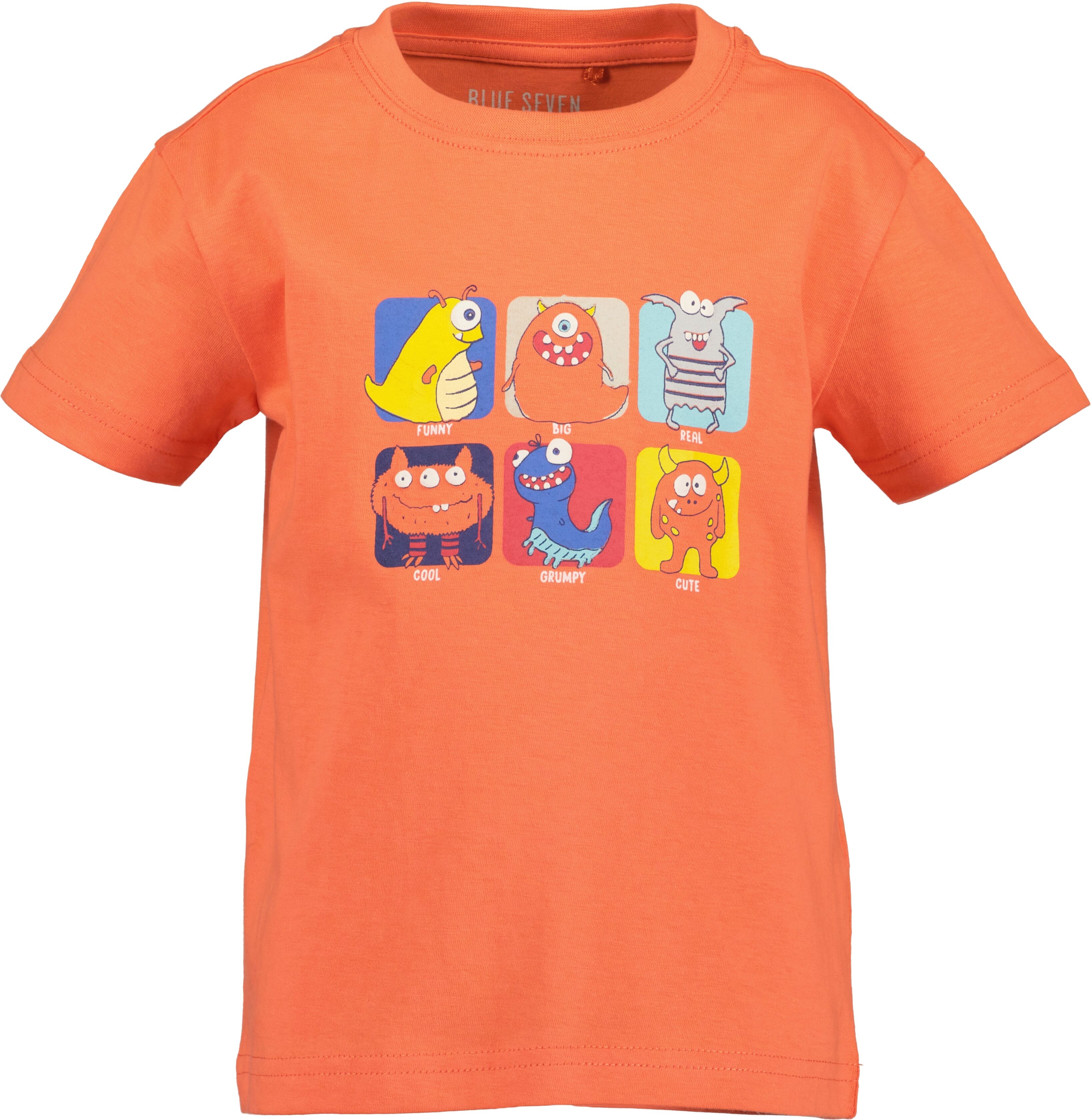 T-Shirt BLUE SEVEN, Jungen, Gr. 104, orange (flamingo), Single Jersey, Obermaterial: 100% Baumwolle, bedruckt, unifarben, Basic normal, Rundhals, Shirts T-Shirt, mit kurzem Arm, mit Druck und unifarben, aus Baumwolle flamingo 104