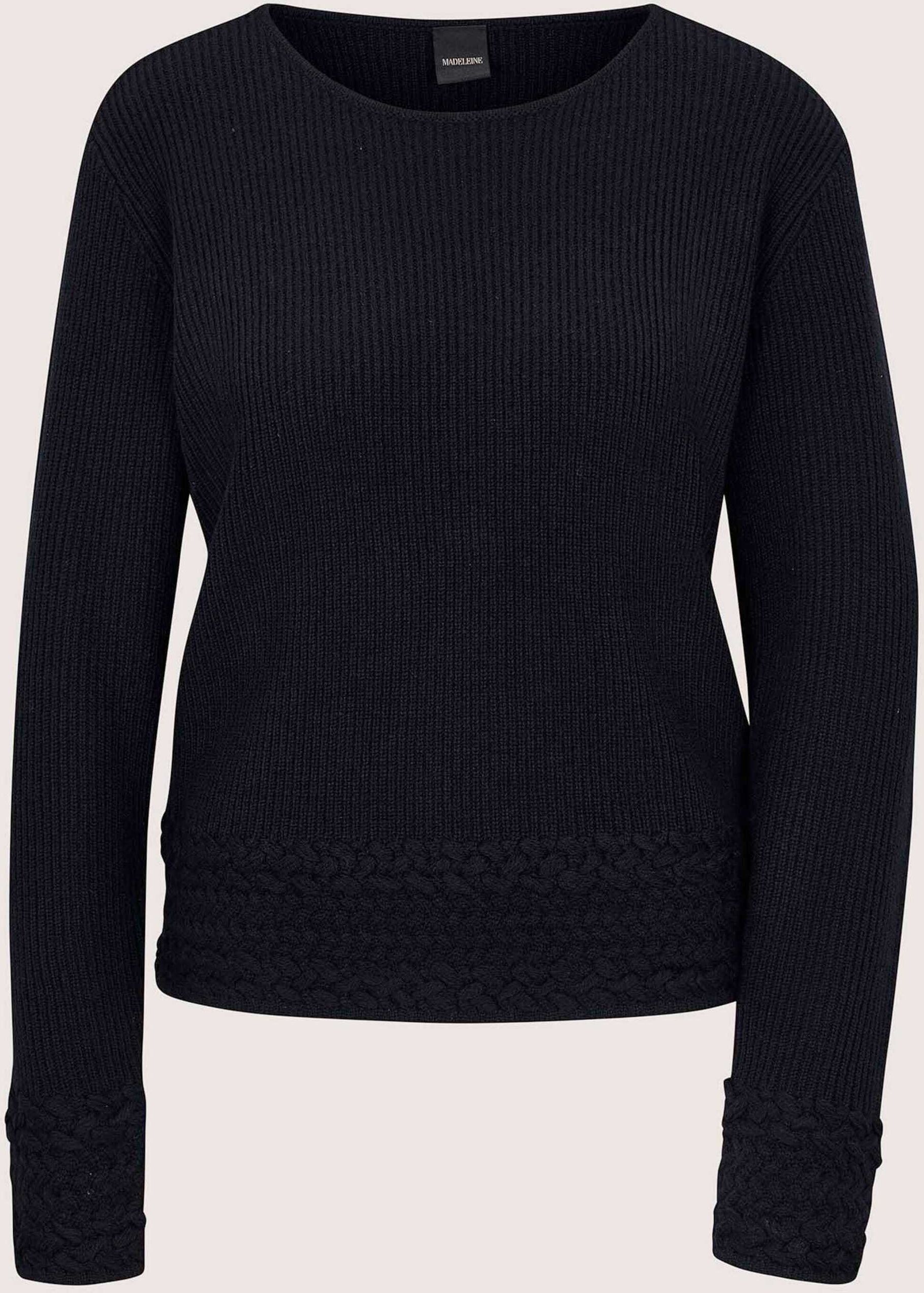 Longpullover MADELEINE "Pullover Rippstrick-Pullover mit Zopfdetails", Damen, Gr. 48, schwarz (marine), Modern, comfort fit, Pullover Longpullover