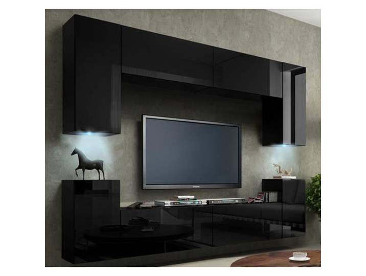 Meuble TV suspendu 240cm collection CEPTO 4 portes coloris noir brillant.
