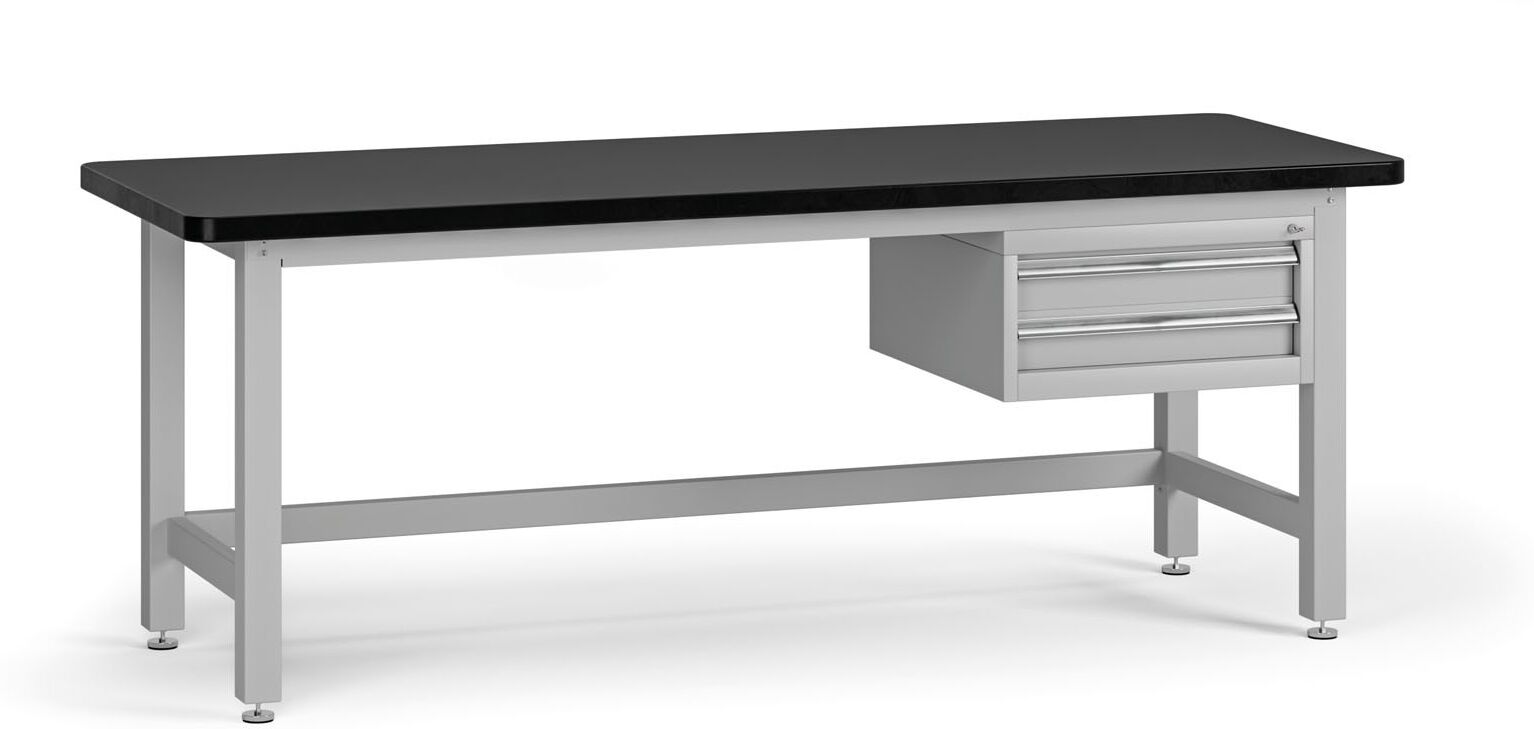 B2B Partner Profesionální dílenský stůl G4, 2 zásuvky, deska MDF + PVC, 2100 x 750 x 800 mm, šedá