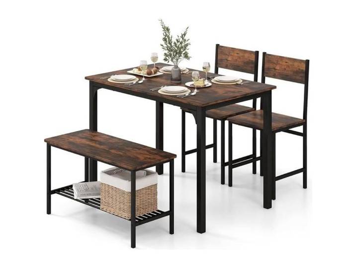 RELAX4LIFE Ensemble Table à Manger Industrielle et 2 Chaises & Banc avec Étagère Rangement 2-4 Personnes pour Cuisine/Salon/Resto