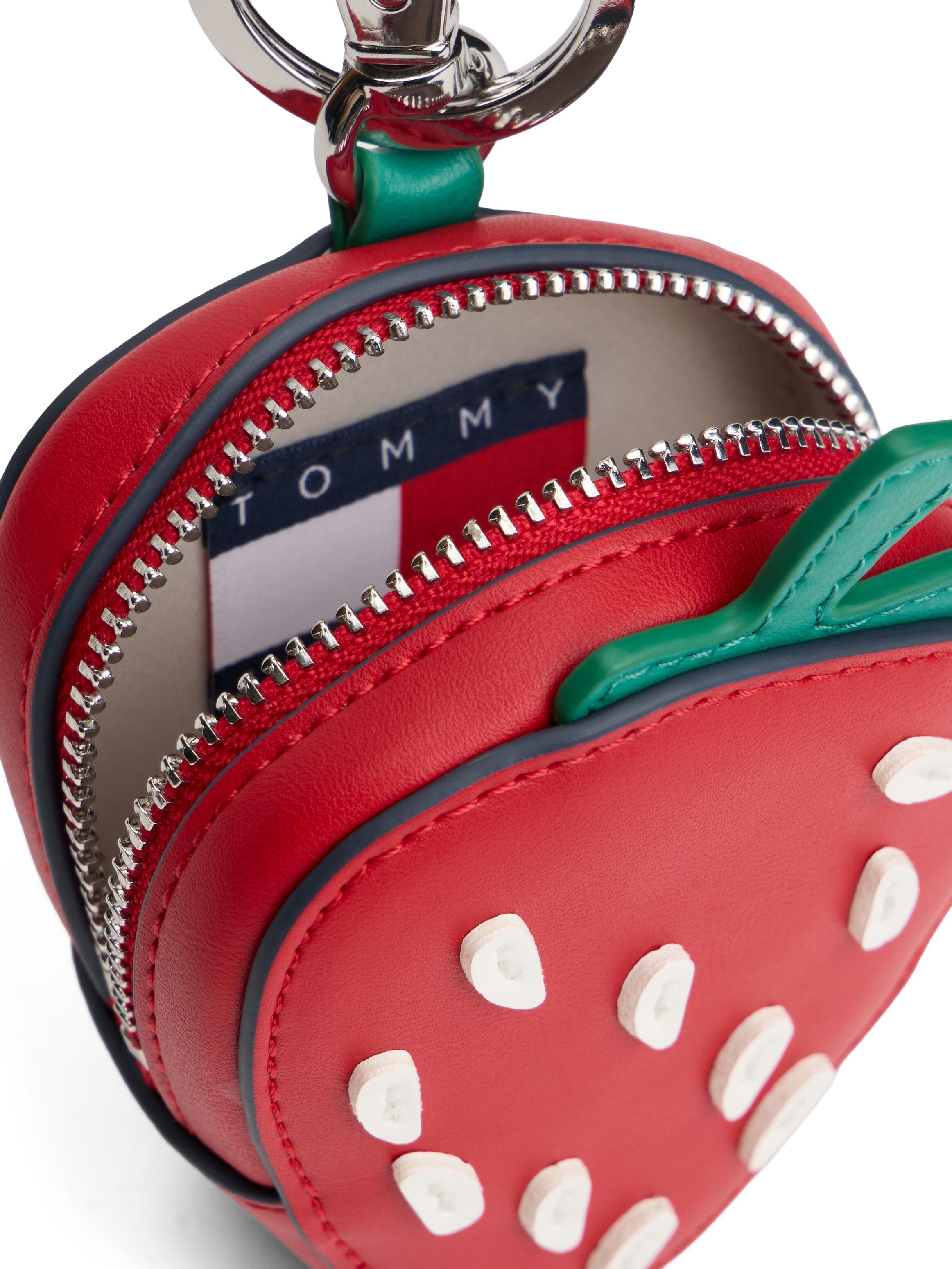 Schlüsselanhänger TOMMY JEANS "TJW FRUIT COIN PURSE STRAWBERRY", Damen, rot (rot, weiß, grün), Lederimitat, Schlüsselanhänger Schlüsselanhänger, Taschen-, Schlüsselanhänger, Taschen Charm, Bag Charm in Erdbeerform rot, weiß, grün Einheitsgröße