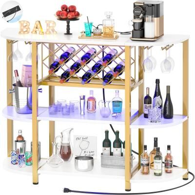 Rackcog 4-Tier Wine Bar Cabinet with Outlet and LED Light,Freestanding Bar Table with Glass Holder and Wine Storage