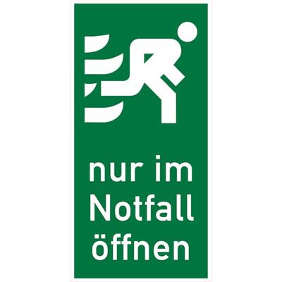 Rettungszeichen, Tür-/Fensterhinweis Nur im Notfall öffnen - 150x300 mm Folie selbstklebend, nachleuchtend