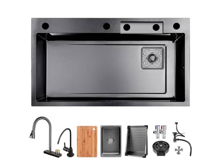 AIVANOTO 80x50cm Schwarz Wasserfall-Küchenspüle, 1 Becken Küchenspüle Edelstahl Rechteck, Mit Ausziehbarem Wasserhahn, Kleinem Becken, Tassenspüle, Abflusssets, Küchenbar-Spüle Aus Edelstahl
