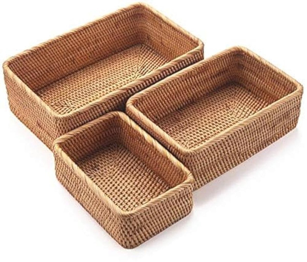 Set van 3 Natuurlijke Rotan Opbergmanden - Rechthoekige Geweven Manden voor Badkamer en Woonkamer