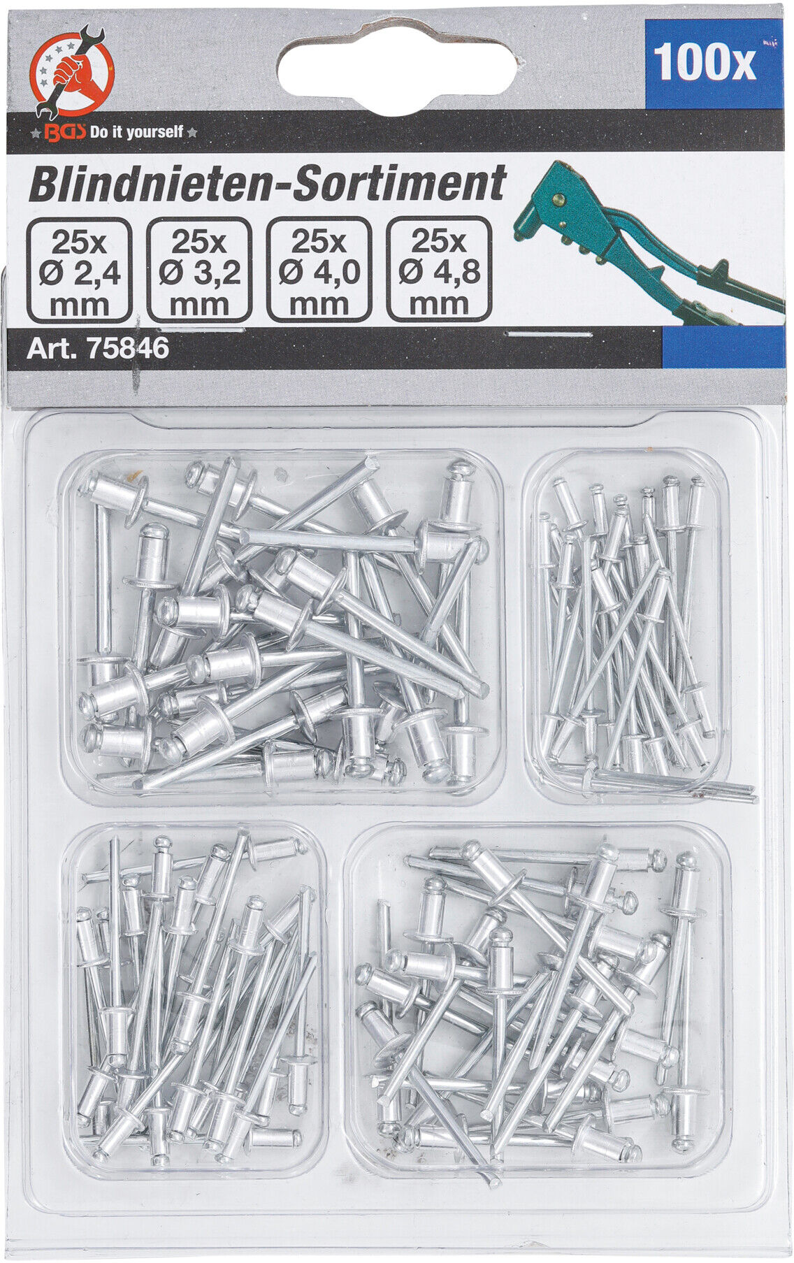 BGS Do it yourself Blindnieten-Sortiment 75846, Ø 2,4 - 4,8 mm, 100-tlg.)