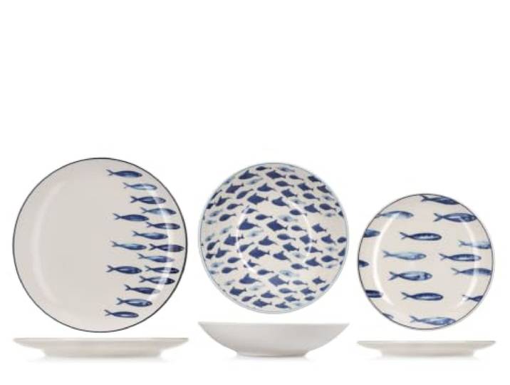 H&H Ionic Tafelservice 18-teilig aus dekoriertem Stoneware, Komplettes Geschirrset für 6 Personen, Maritimes Design mit blauen Fischmotiven