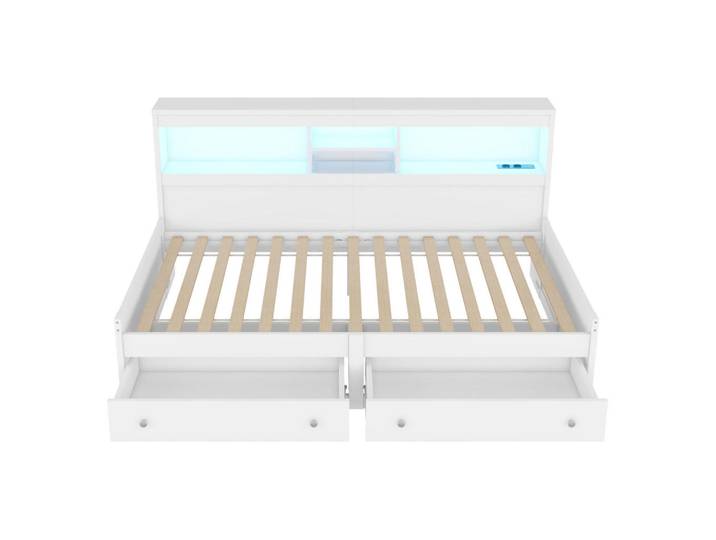 Modfu Polsterbett aus Spanplatte 90x200 cm in Weiß mit LED-Beleuchtung & USB-Ladefunktion, 90x200 cm, Schlafzimmer, Betten, Polsterbetten