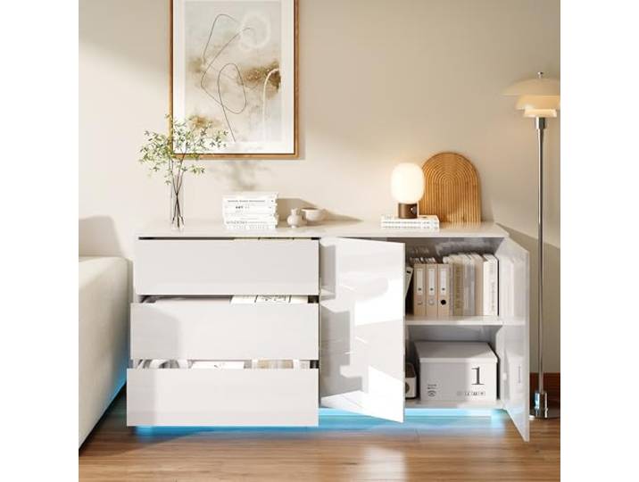 JiaOyu Hochglanz Sideboard mit 2 Türen und 3 Schublade, Moderner Sideboard mit LED-Beleuchtung, Beistelltisch Seitenschrank Buffetschrank Für Wohnzimmer & Esszimmer