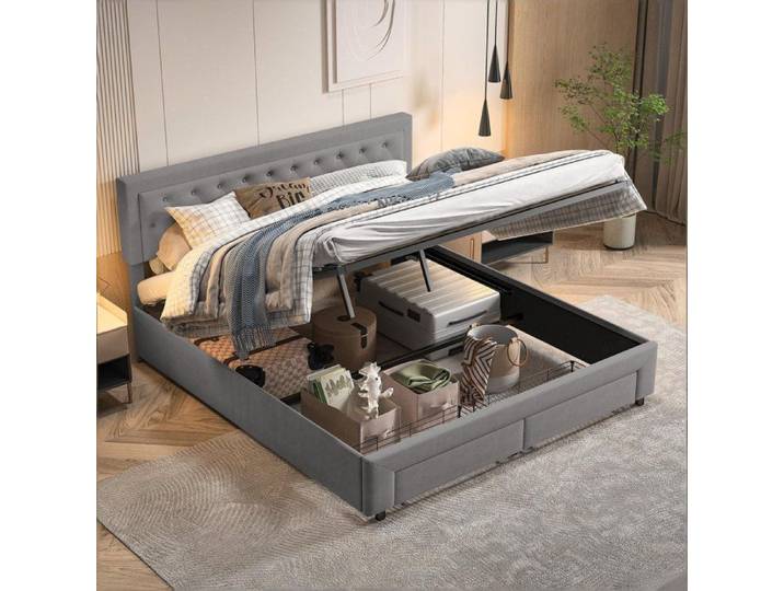 litcoffre 160 200 coffre lit 160 x 200 avec sommier lit adulte lit double avec deux tiroirs Conception de rivets Velours Gris
