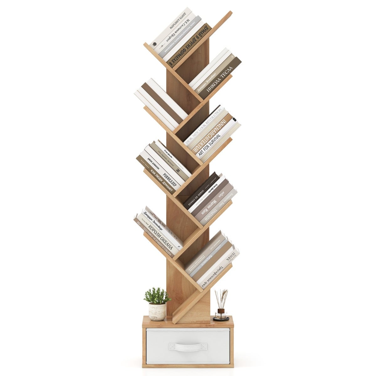 Costway Hoge Boom Boekenplank met Lade, Vrijstaand Opslagrek in Natuur voor Slaapkamer, Woonkamer of Kantoor