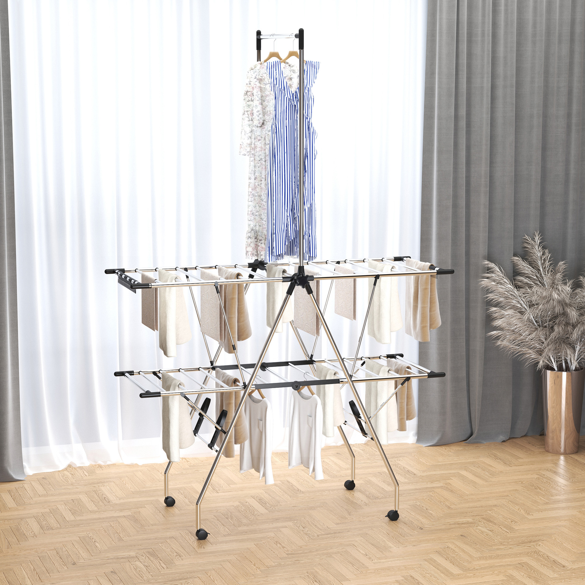 Homcom Stendibiancheria pieghevole con ruote ampio spazio di stenditura acciaio inossidabile 138,5 x 63 x 208 cm argento nero