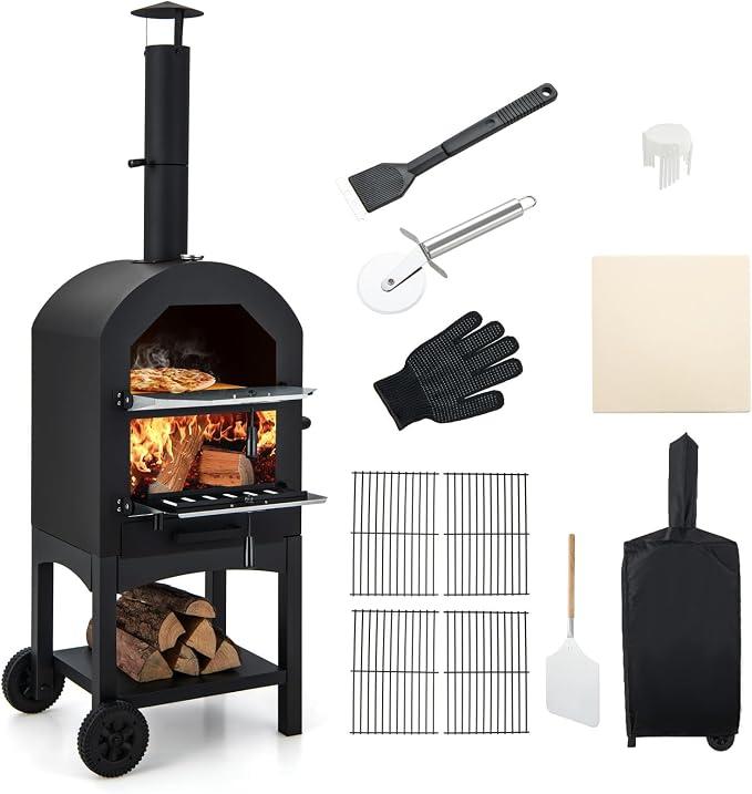 2 in 1 Pizzaofen outdoor, Gartenofen mit Pizzaschieber Pizzastein Grillroste Thermometer & wasserdichte Abdeckung, mobiler Holzofen Garten mit Griff, Rädern für Party Camping Picknick BBQ