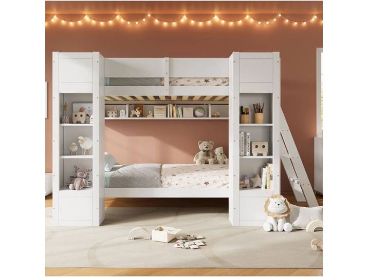 Lit superposé 90x200 cm blanc VUENOR – rangement échelle réversible