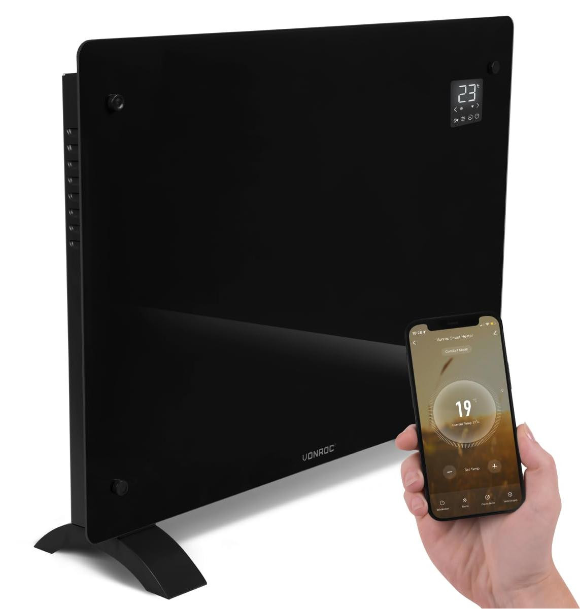 Selius Elektrische Convectorkachel met App-bediening, 750W/1500W, Zwart Glas, voor Binnen